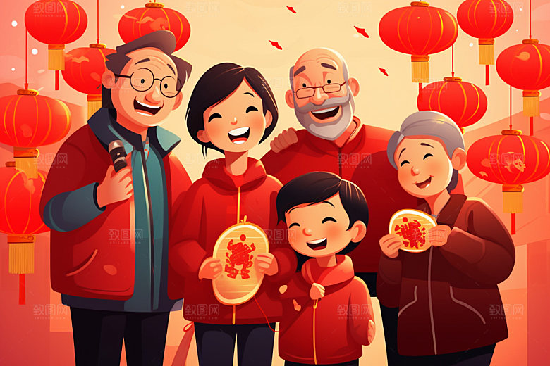 新年一家人亲情过年插画