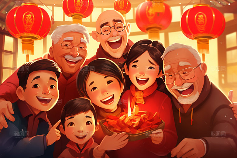 新年一家人喜庆温馨插画