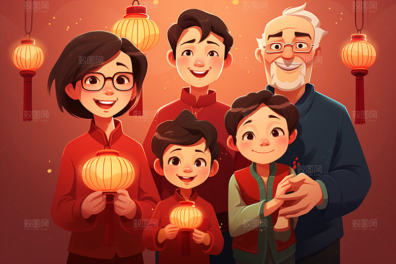 新年一家人热闹亲情插画