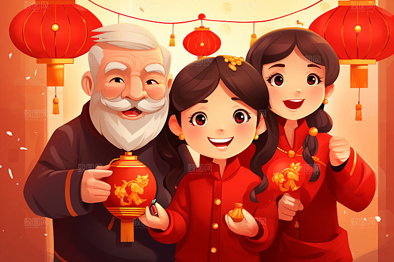 新年一家人温馨过年插画