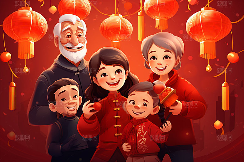 新年一家人温馨热闹插画