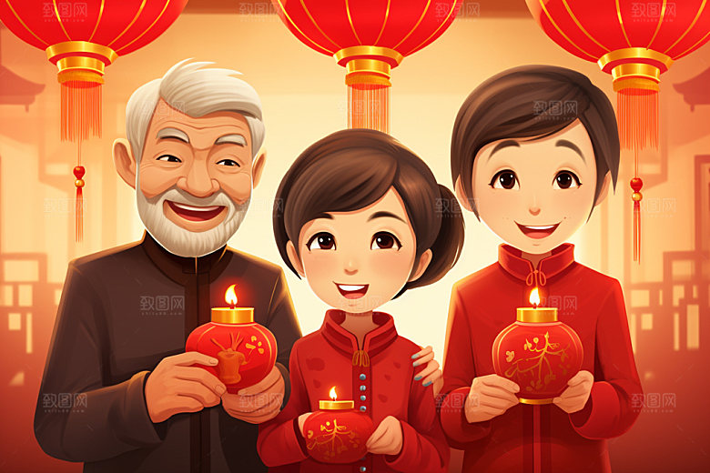 新年一家人温馨亲情插画