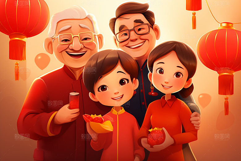 新年一家人春节欢聚插画