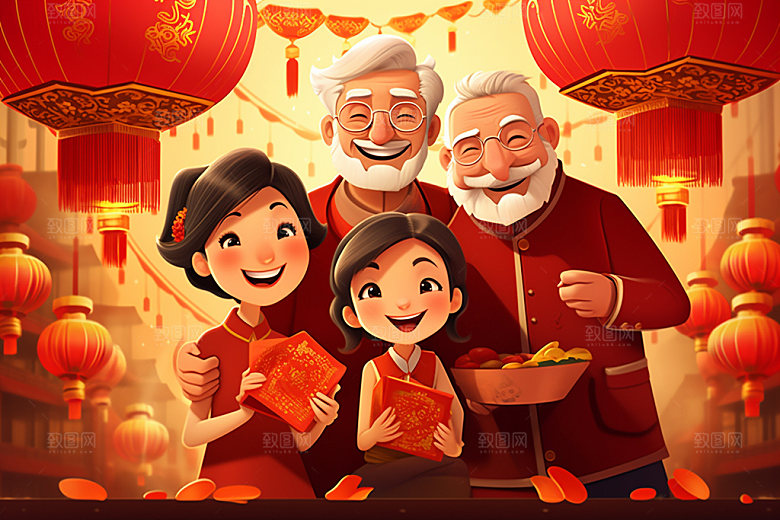 新年一家人春节过年插画