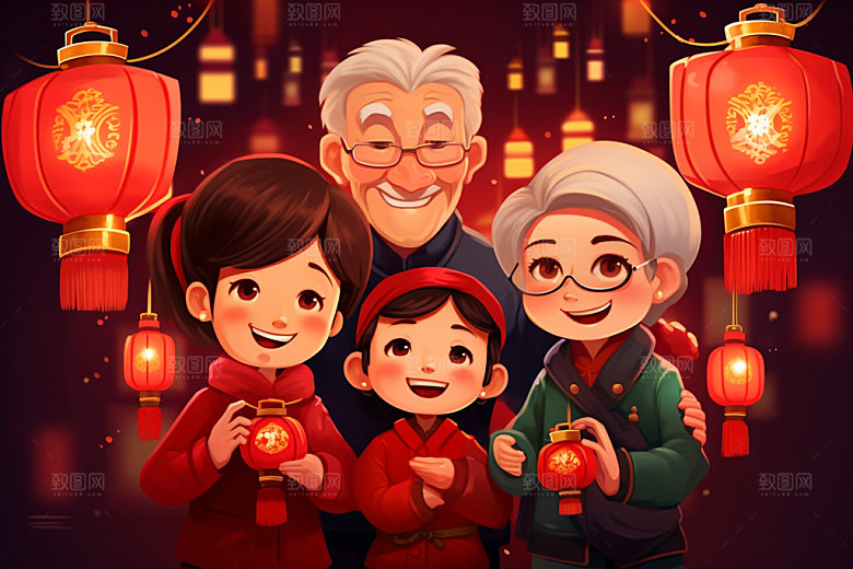 新年一家人过年春节插画