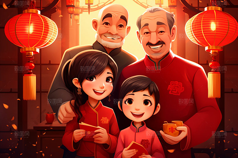 新年一家人亲情新春插画