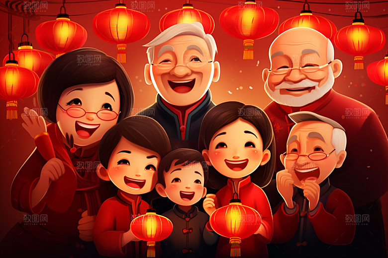 新年一家人欢聚温馨插画