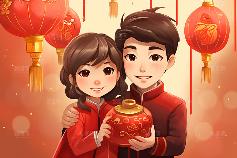 新年一家人温馨欢聚插画