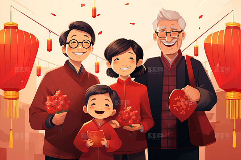 新年一家人喜庆过年插画