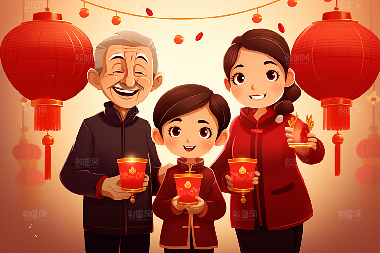 新年一家人欢聚喜庆插画