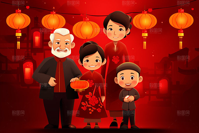 新年一家人手绘新春插画