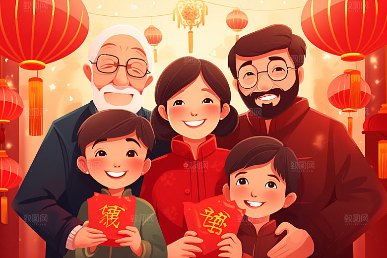 新年一家人热闹欢聚插画