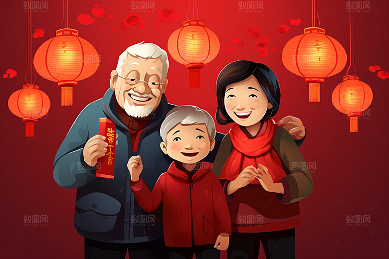 新年一家人过年手绘插画