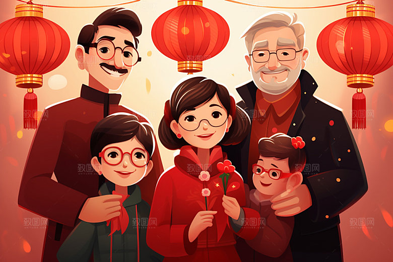 新年一家人热闹新春插画