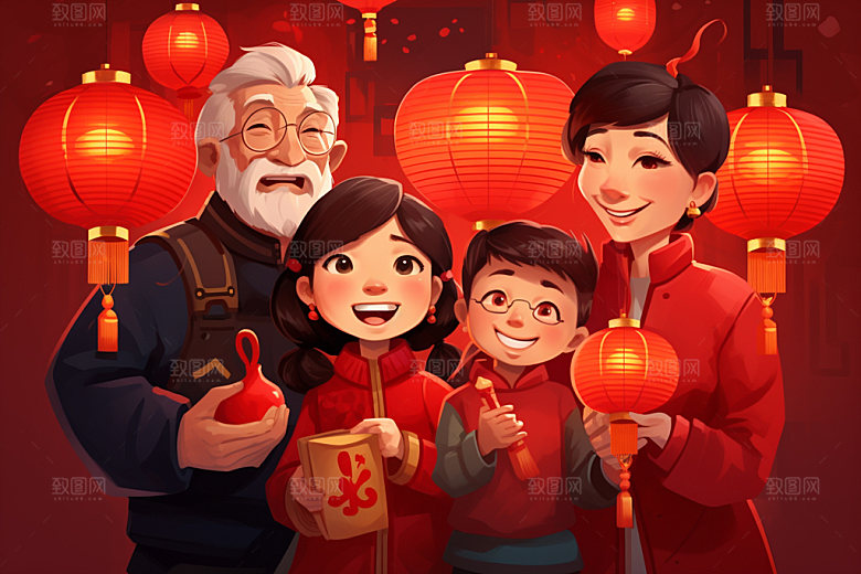 新年一家人春节手绘插画