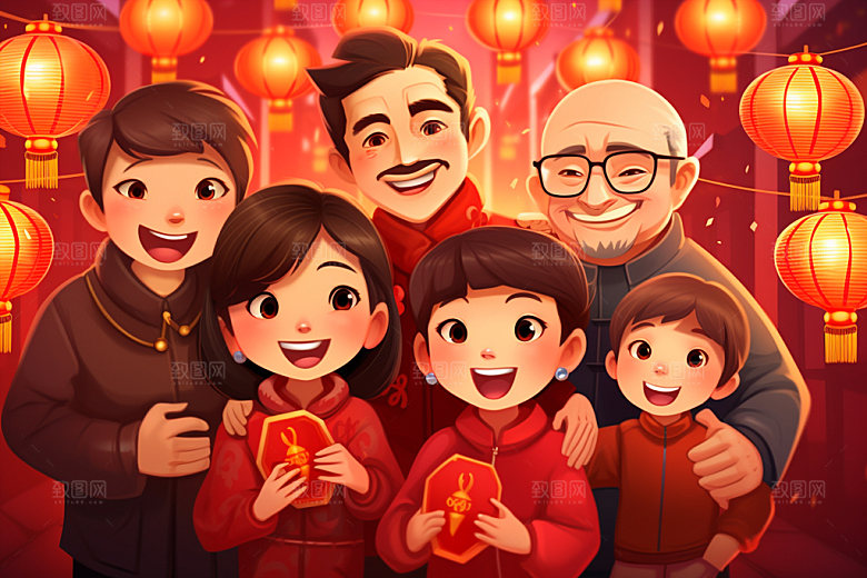 新年一家人新春春节插画