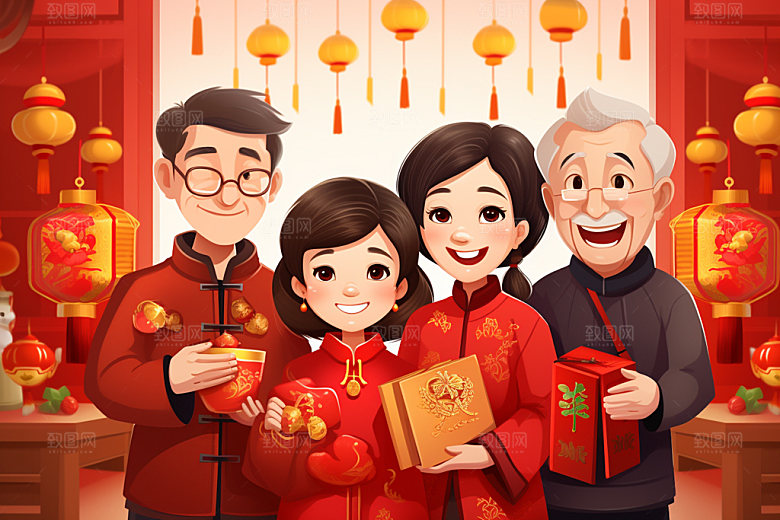 新年一家人春节温馨插画