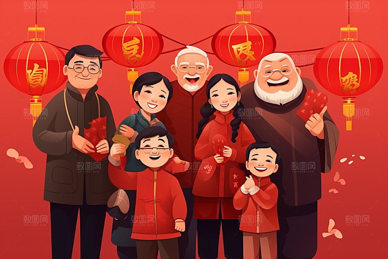 新年一家人喜庆新春插画