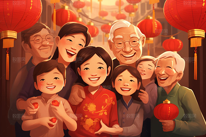 新年一家人亲情过年插画