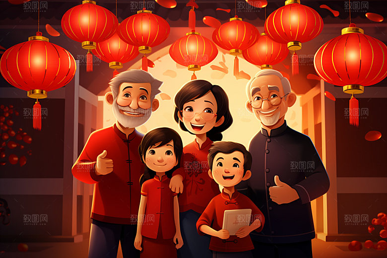 新年一家人温馨春节插画