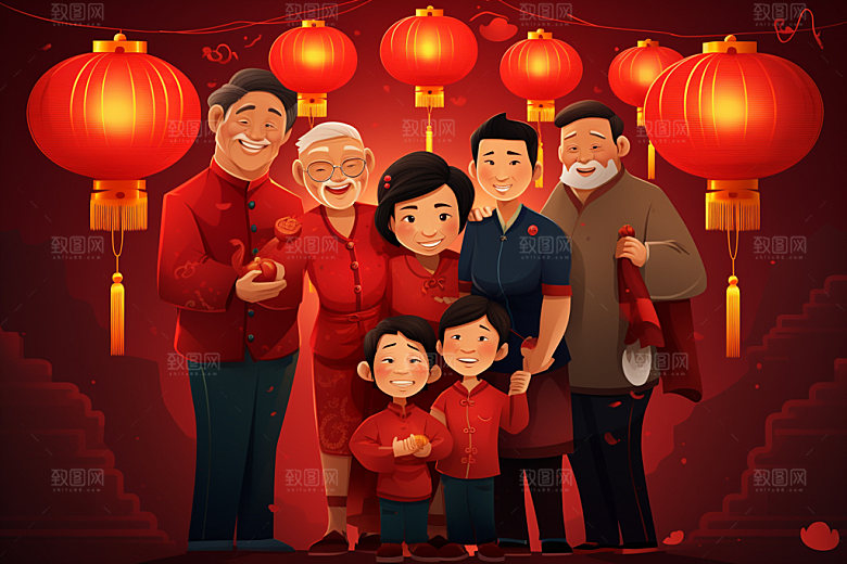 新年一家人欢聚手绘插画