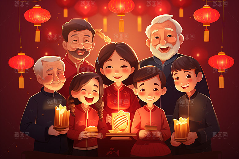 新年一家人温馨新春插画