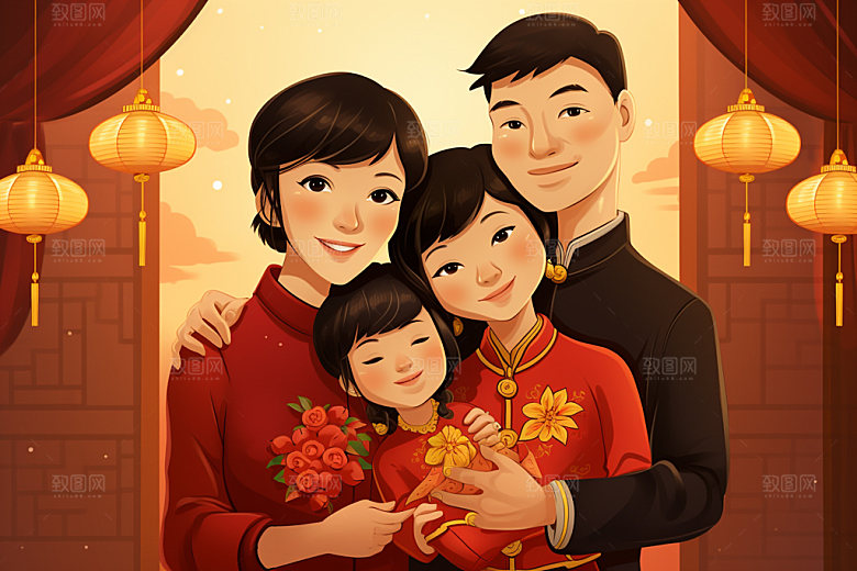 新年一家人温馨春节插画