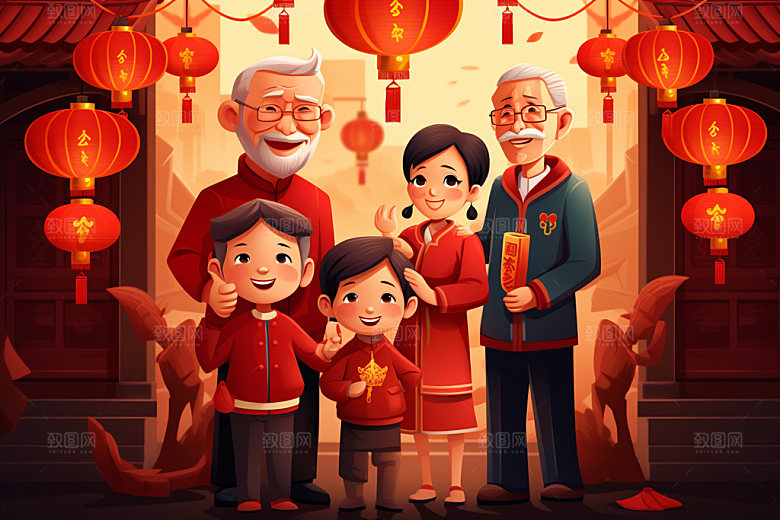 新年一家人春节亲情插画