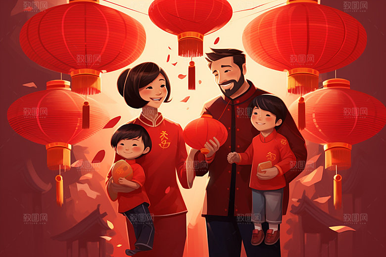 新年一家人欢聚热闹插画