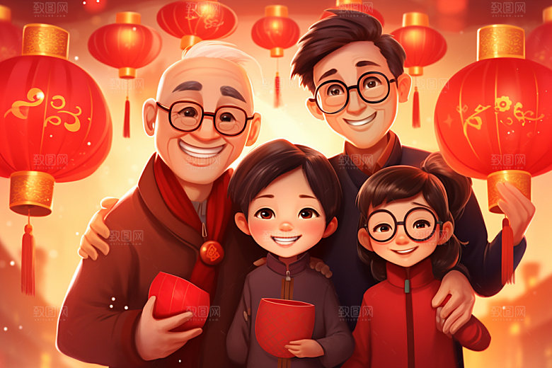 新年一家人手绘温馨插画