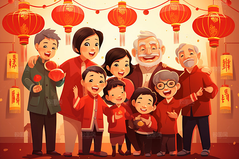 新年一家人欢聚热闹插画