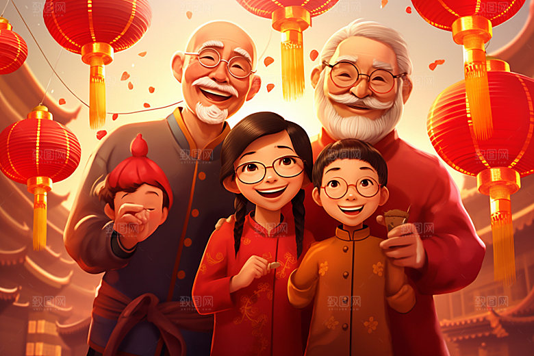 新年一家人温馨手绘插画