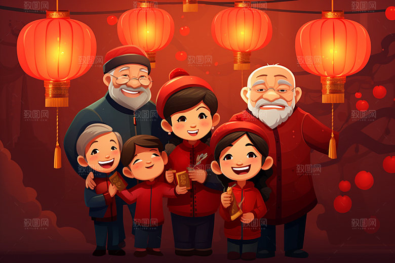 新年一家人亲情过年插画