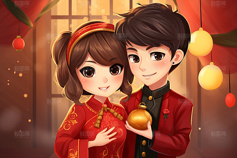 新年一家人手绘亲情插画