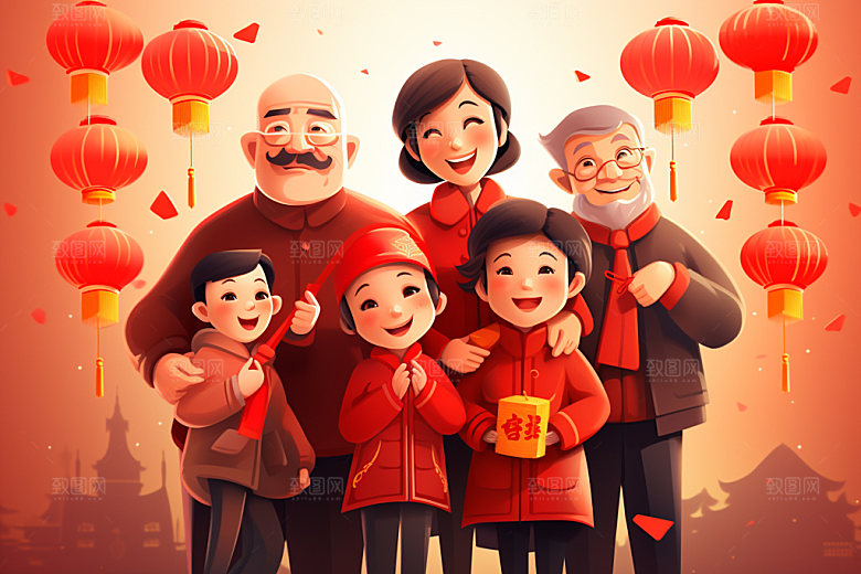 新年一家人亲情温馨插画