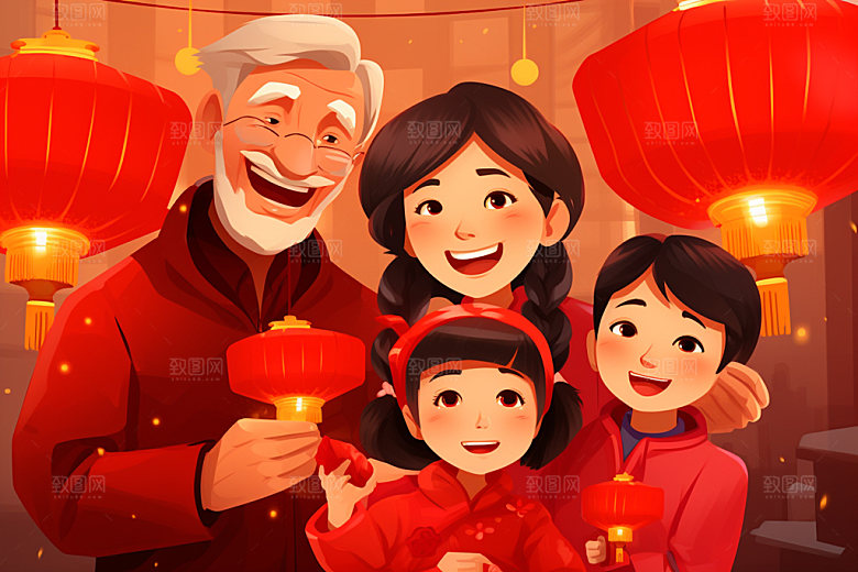 新年一家人喜庆热闹插画