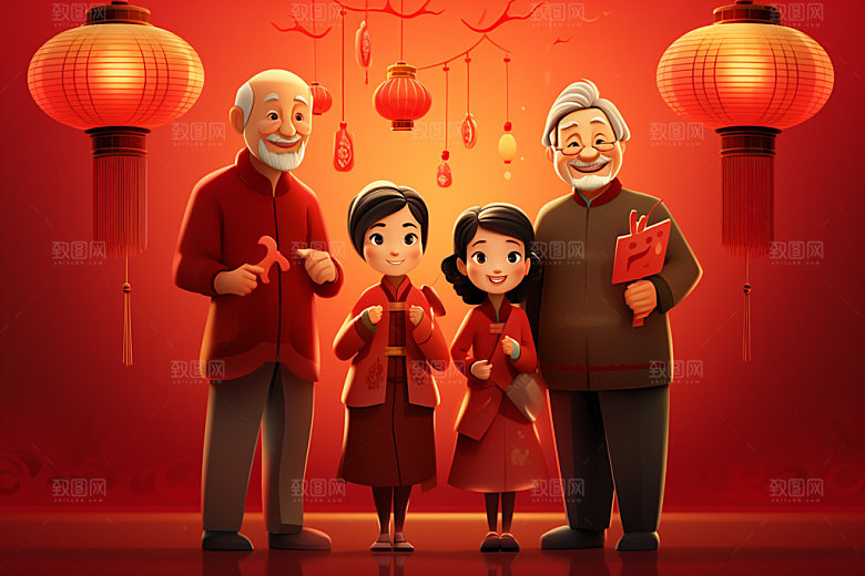 新年一家人春节亲情插画
