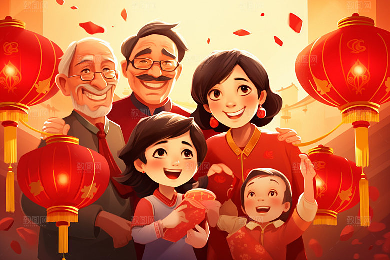 新年一家人喜庆新春插画