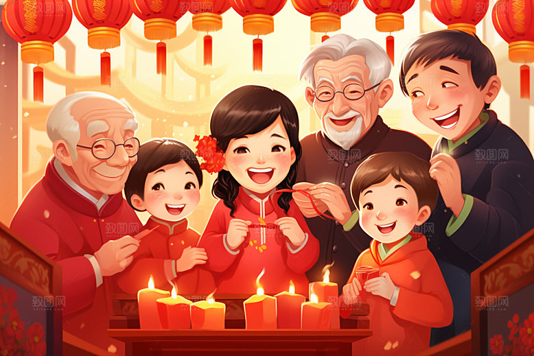 新年一家人热闹喜庆插画