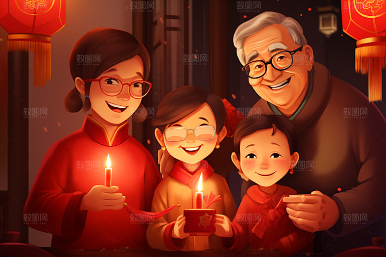 新年一家人热闹温馨插画