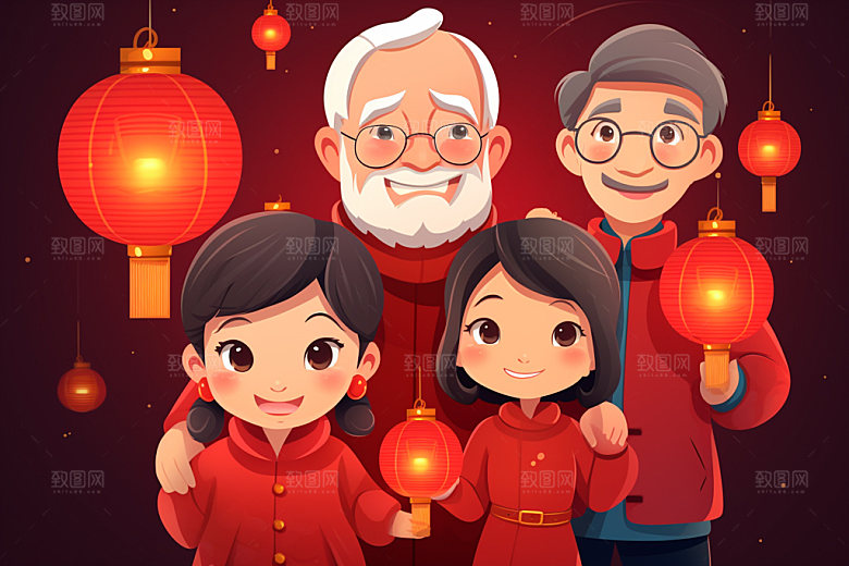 新年一家人过年春节插画