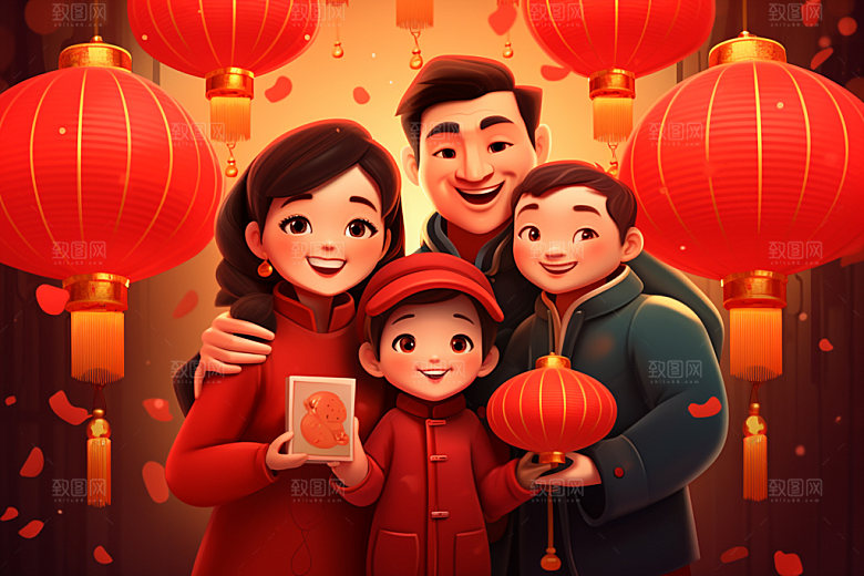 新年一家人欢聚手绘插画