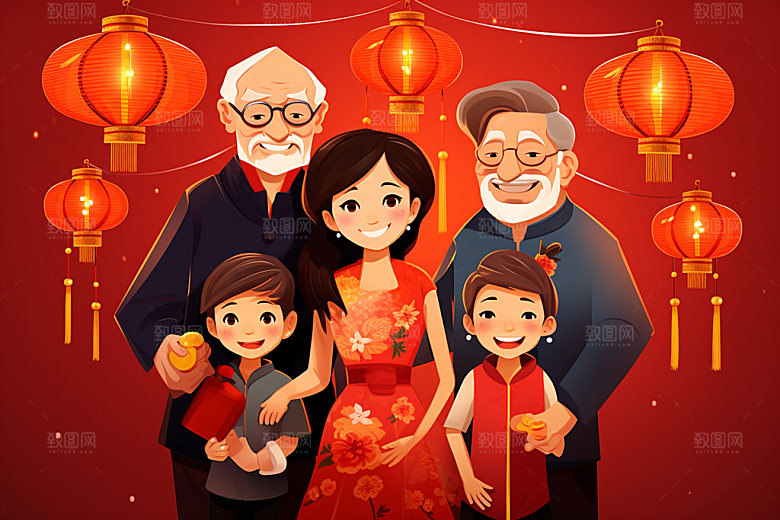 新年一家人新春温馨插画