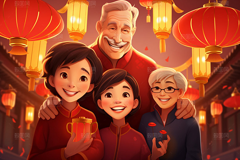 新年一家人过年温馨插画