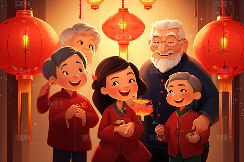 新年一家人欢聚温馨插画