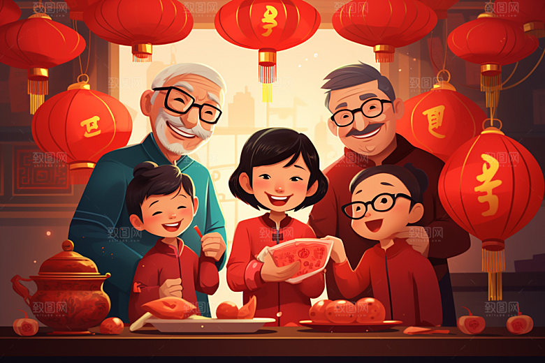 新年一家人亲情喜庆插画