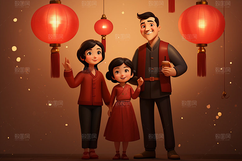 新年一家人新春过年插画