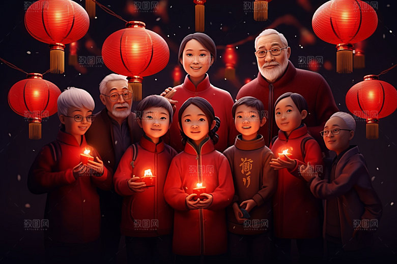 新年一家人手绘亲情插画