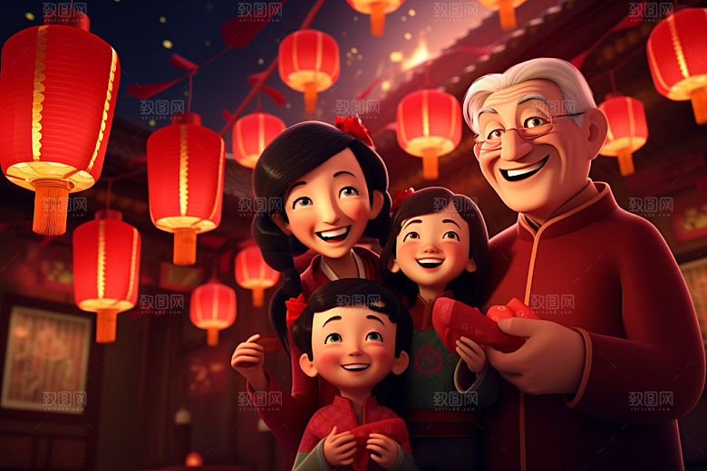 新年一家人喜庆春节插画