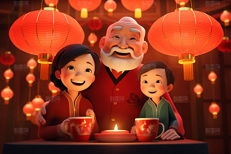 新年一家人过年亲情插画
